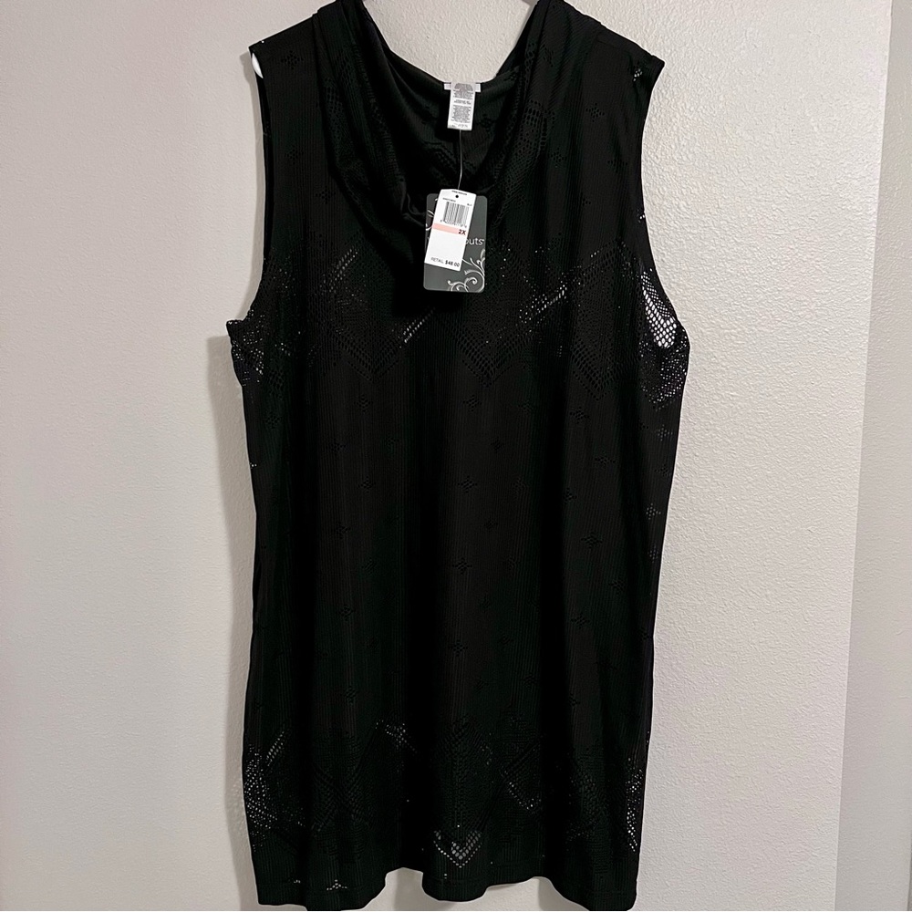 Wearabouts Women’s Swim Black Cover Up 2X Eyelet Zip Up Hooded Sleeveless NWT